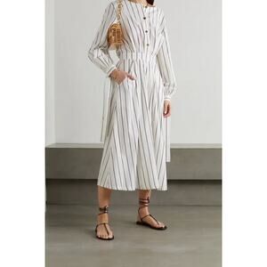 King & Tuckfield Tie-Detailed Striped Poplin Midi Dress Women's Sze L White Blue